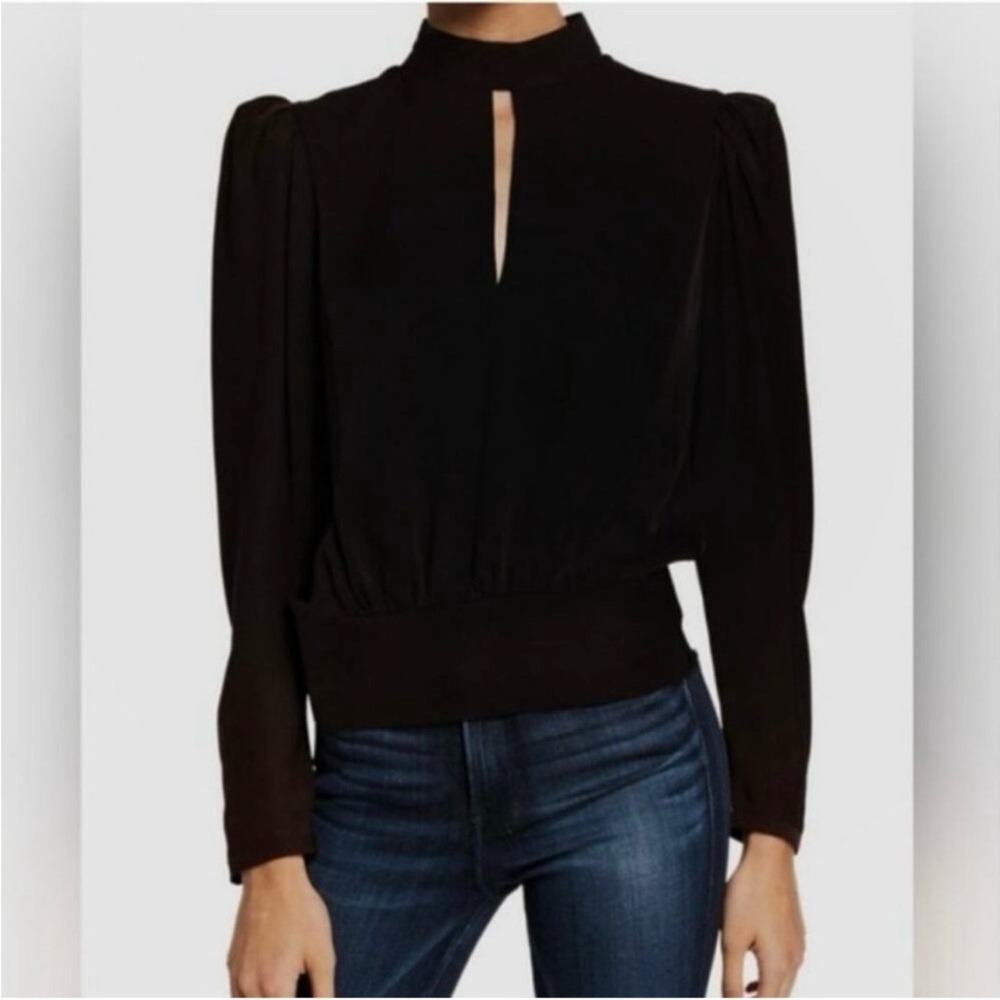 FRAME Silk Blouse• Black• Keyhole Accent Long Sleeve with Mock Neck Size Small